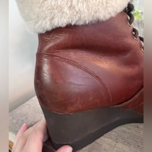 UGG Janney Leather and Sheepskin Leather Lace Up Wedge Boots with Fur Accent - Picture 8 of 11